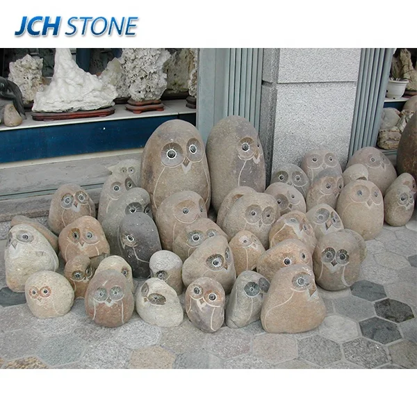 Decorative Garden landscaping River cobble rocks large pebble stone owl carvings