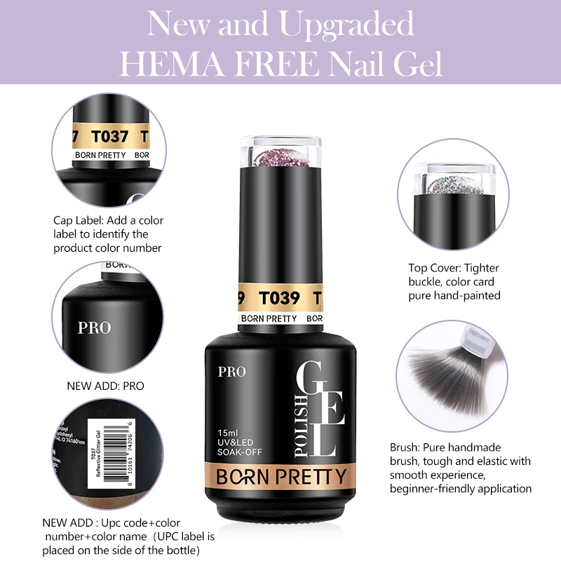 BORN PRETTY PRO 15ml Black Blue Neon Red Reflective Glitter Disco Gel Nail Polish Sparkling Gel UV Ongle Professionnel