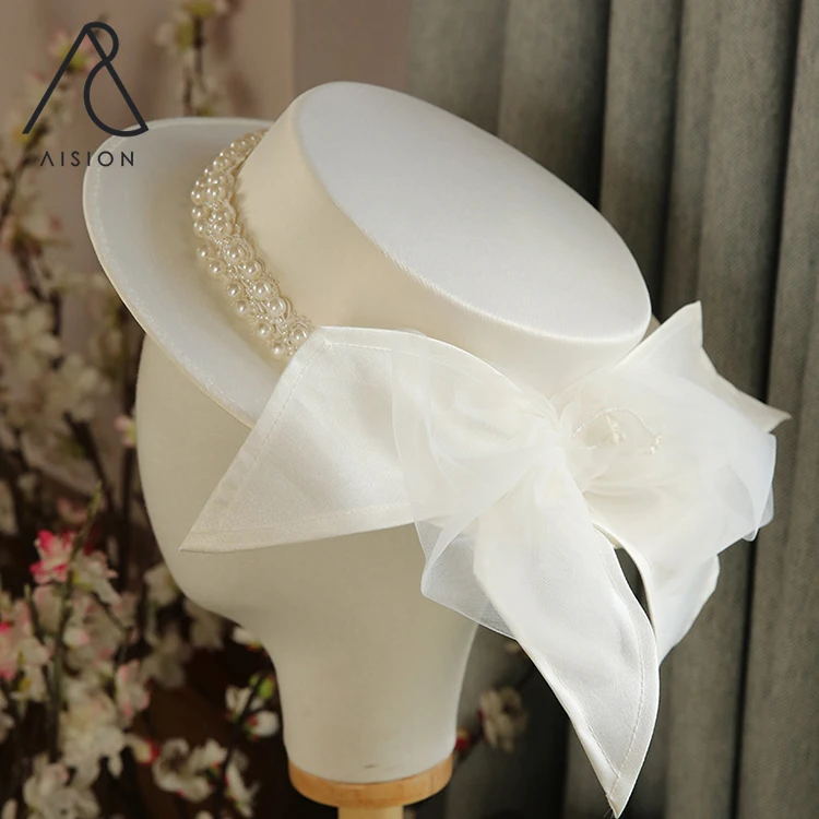 French elegant pearl flat top hat women spring summer fashion all-match British flat brim wedding hat
