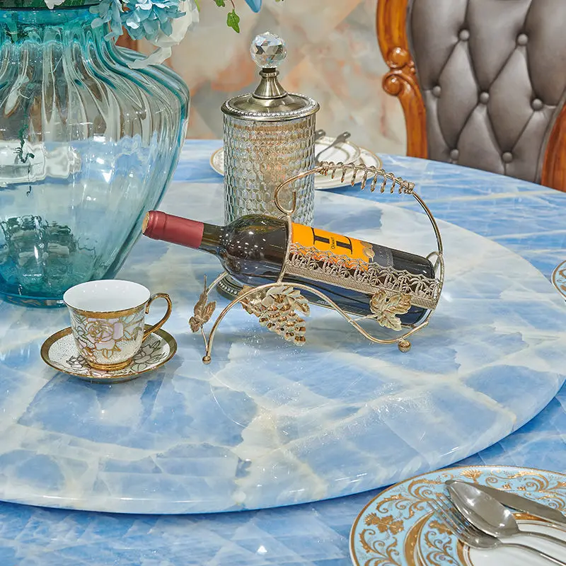 European style round marble dining table and chair set 8 seater solid wood carved dining table with rotating centre baroque