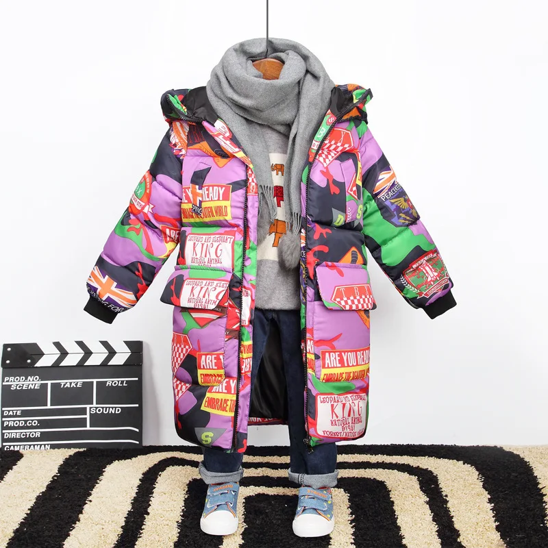 Jacket for Boys 2019 New Brand Hooded Winter Jackets Graffiti Camouflage Parkas For Teenagers Boys Thick Long Coat Kids Clothes