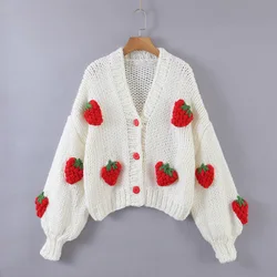 FYB Custom Handmade Strawberry Sweater Cardigan Cropped Sweater Puff Sleeve Crochet Cardigan Women