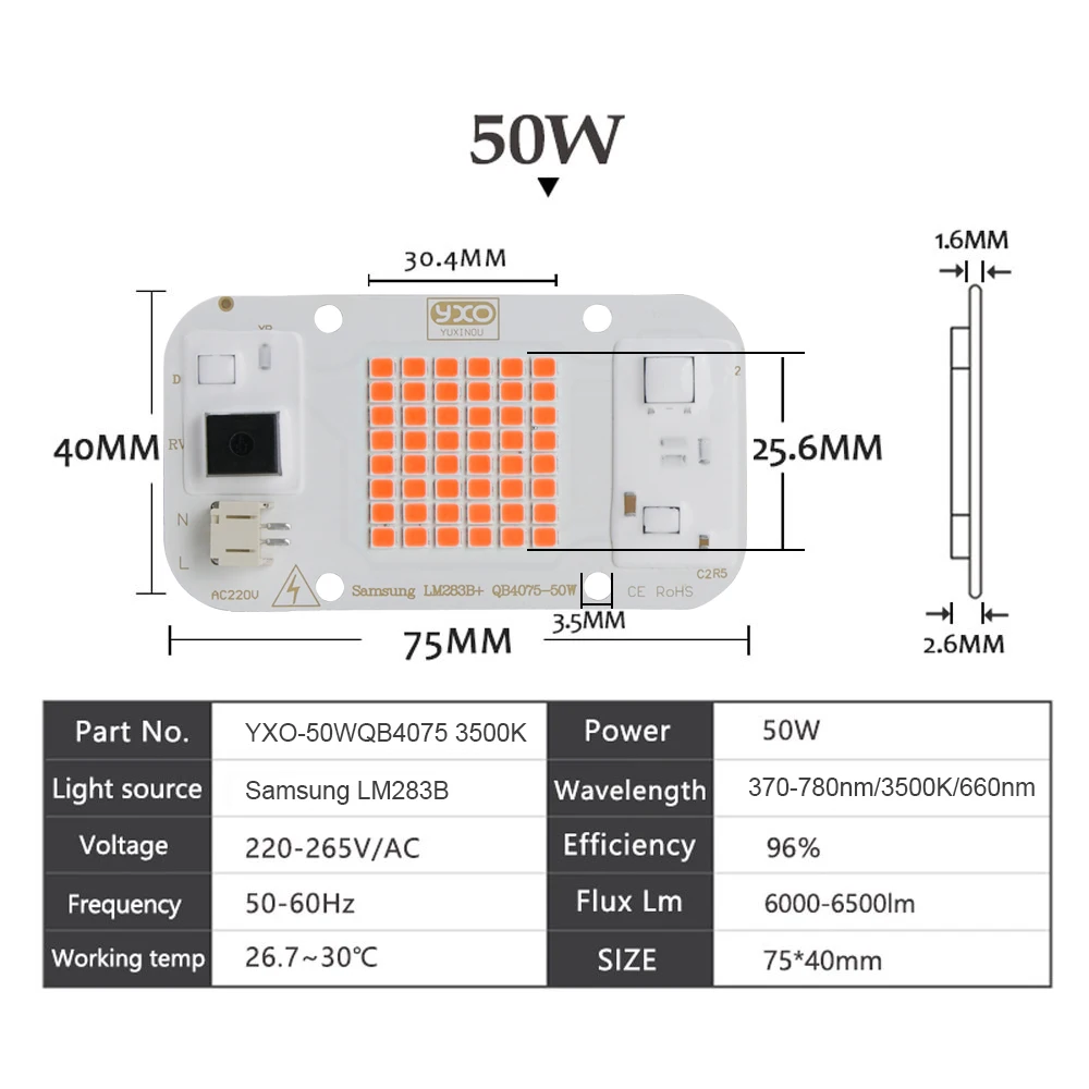YXO Full spectrum led cob Светодиодная лампа шарик 50 Вт переменного тока светодиодный чип светильник 220V 660nm 395nm