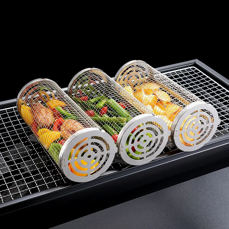 Portable Rolling Grilling Basket BBQ Net Tube Stainless Steel BBQ Cylinder Suitable for All Kinds of Vegetables, French fries