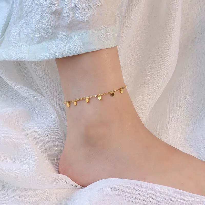 18k Gold Plated Stainless Steel Round Charm Anklets For Women Tarnish Free Foot Beach Jewelry