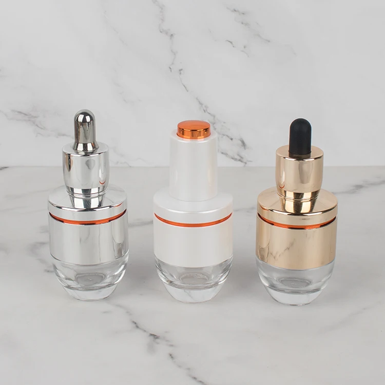 Luxury Skincare Empty Glass 30ml Silver or Gold White Electroplating  With Glass Pipette glass bottle