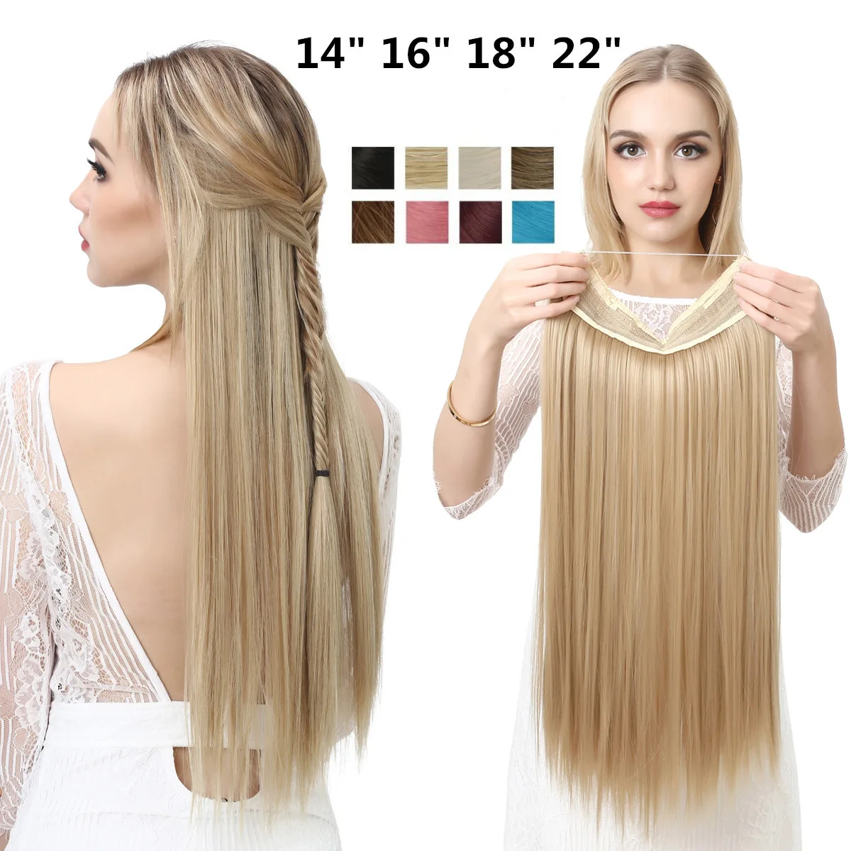 OEM  Synthetic Hair Extension No Clip Natural Hair Piece Ombre False One Piece Straight Hairpiece Blonde For Women