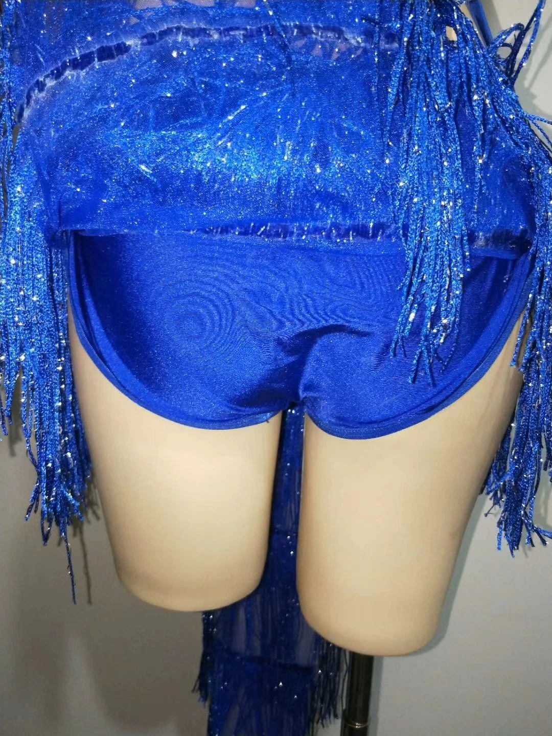 Designer Sleeveless See Through Blue Crystal Tassel Latin Dance Dress Women Strappy Backless Bodysuit Stage Party Club Dress