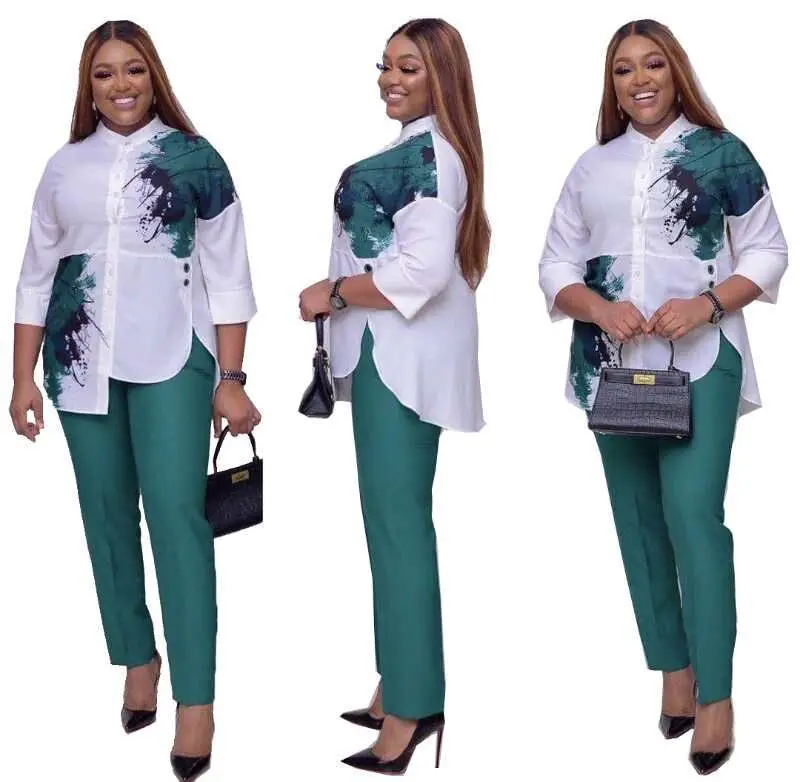 African Set 2 Piece Sets Africa Clothing Women Plus Size Pant Suit Ladies Business Office Shirt Tops pants Suits For Ladies