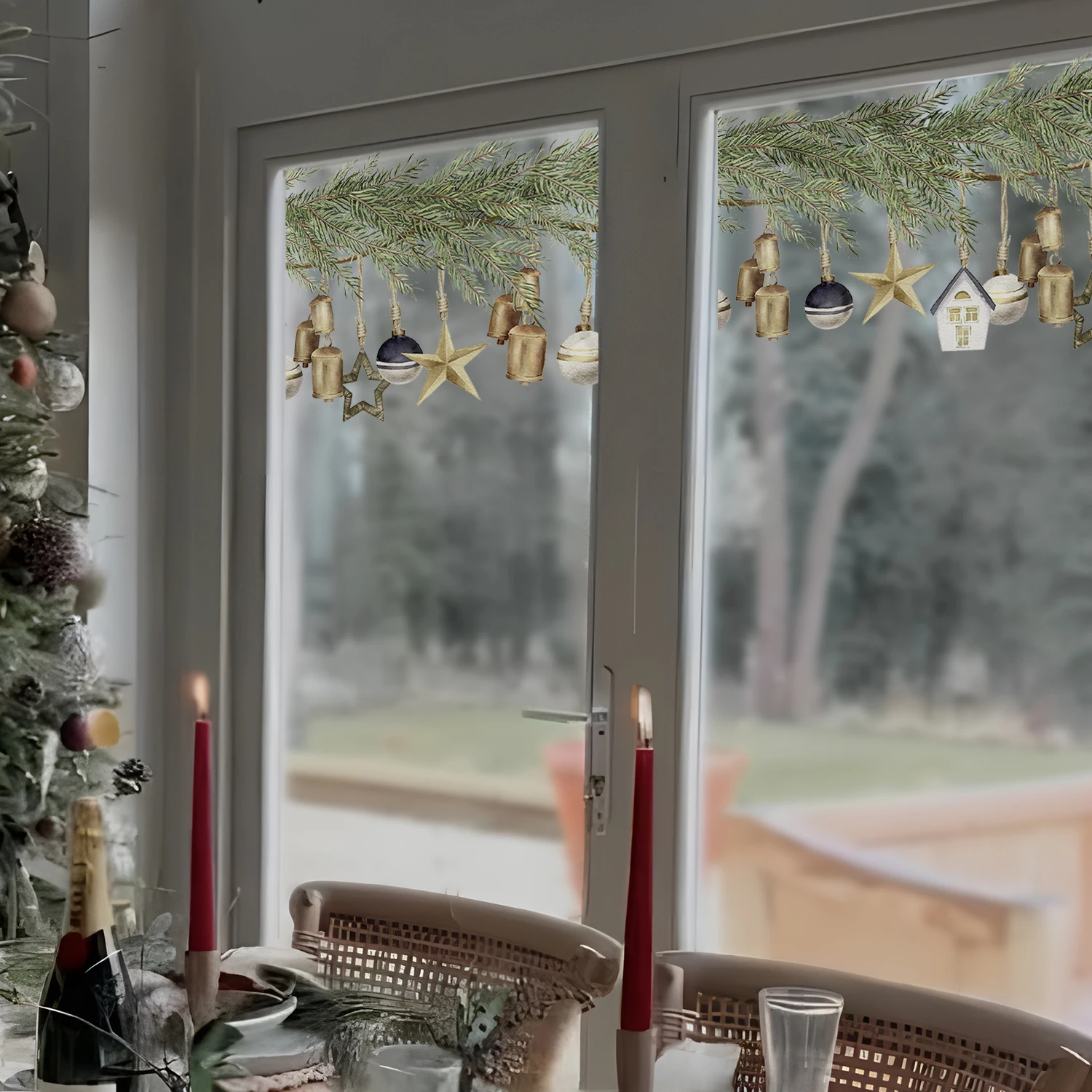 Funlife winter Christmas boho christmas bauble pine leaves pattern decorative double-sided UV window film FSWS105