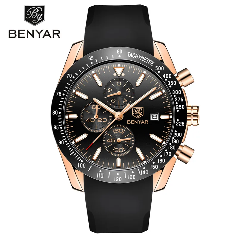 BENYAR 5140 Men Watches Brand Fashion Silicone Strap Waterproof Sport Quartz Chronograph Rose Gold Waterproof Men Watch