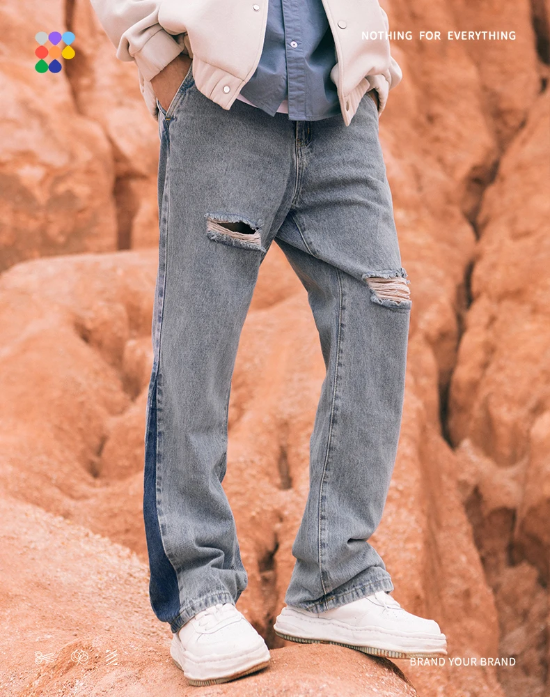 Custom Hot Sale Streetwear Washed Jeans Split Joint Ripped Bell Bottom Mens Denim Jeans