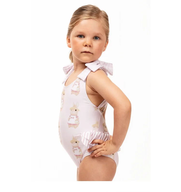 new retro little girls knitted fabrics One Piece Kids Customized Pattern Wave Edge Back Swimsuit soft spandex fabric beachwear