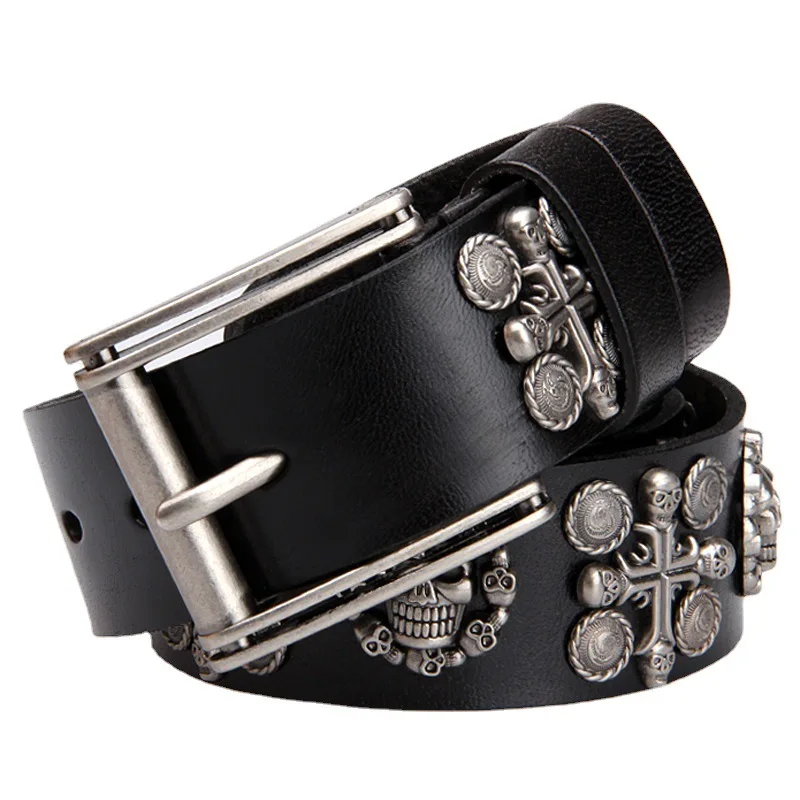 Factory Wholesale Head Layer Cowhide Leather Belt Punk Style Skull Belt Pin Buckle Head Layer Cowhide Leather Belt Men And Women