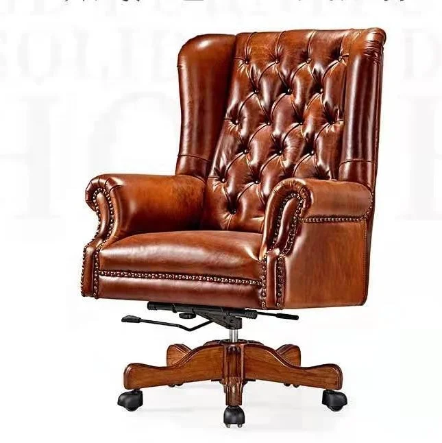 Mahogany vintage genuine red leather executive Italy home office chair furniture set design
