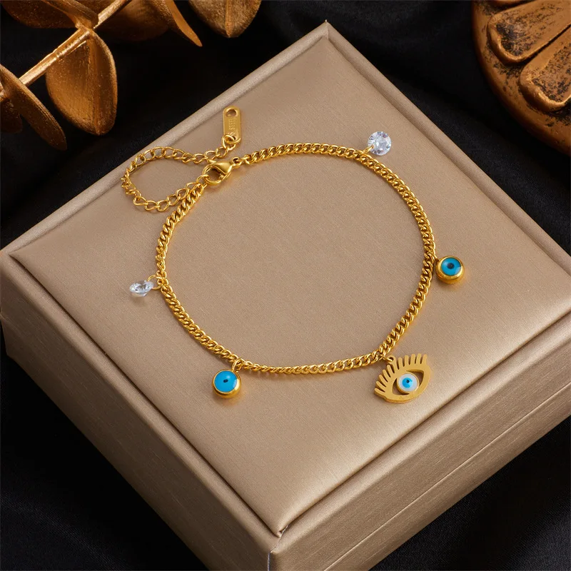 Gold Plated Evil Eye Charm jewelry with Adjustable Snake Chain - waterproof Stainless Steel bracelet for Women