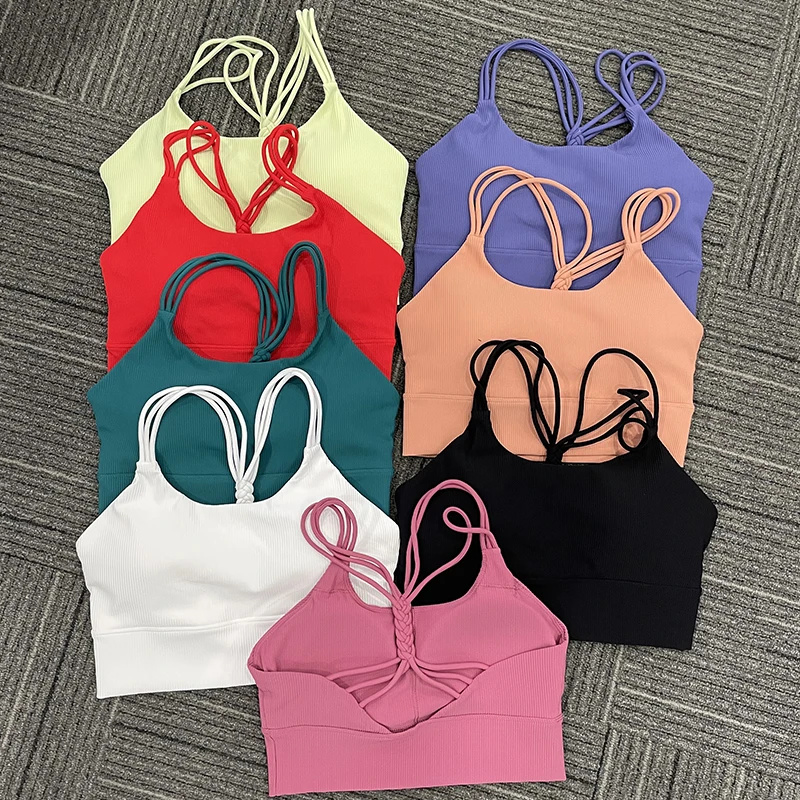 8 Colors In Stock Unique Design Stretchy Ribbed Yoga Sports Bra  Custom Logo Crane Exercise Workout Women Sports Bra