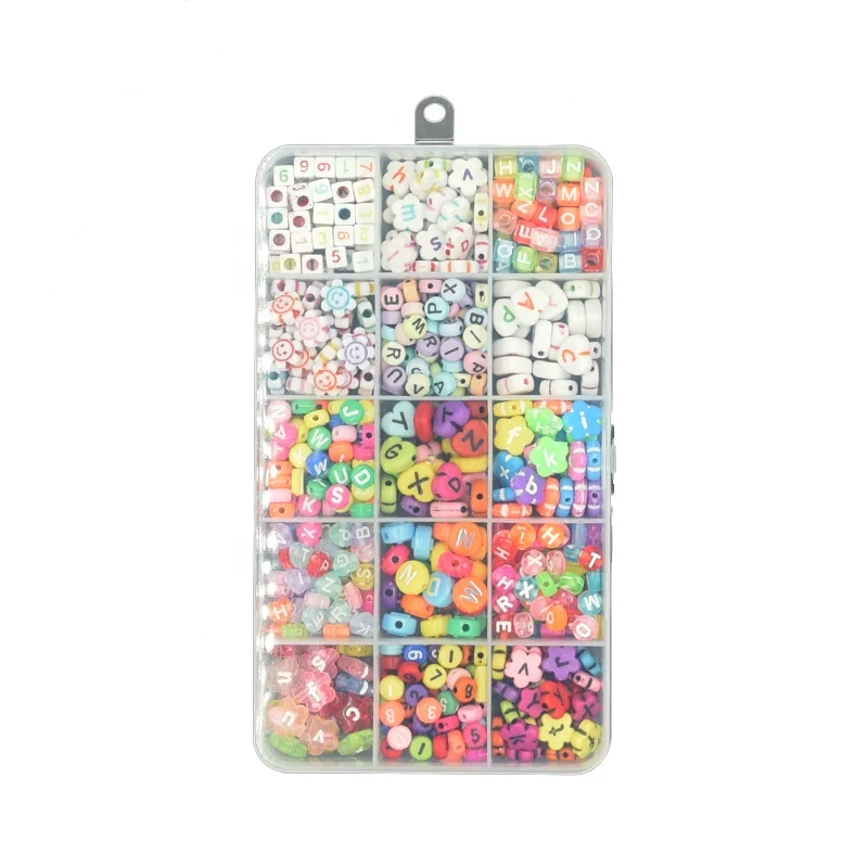 New Design 15 Grids Letter  Number Plastic Acrylic Round Cube Smile Face Flower Alphabet DIY Beads Kit For Jewelry Making