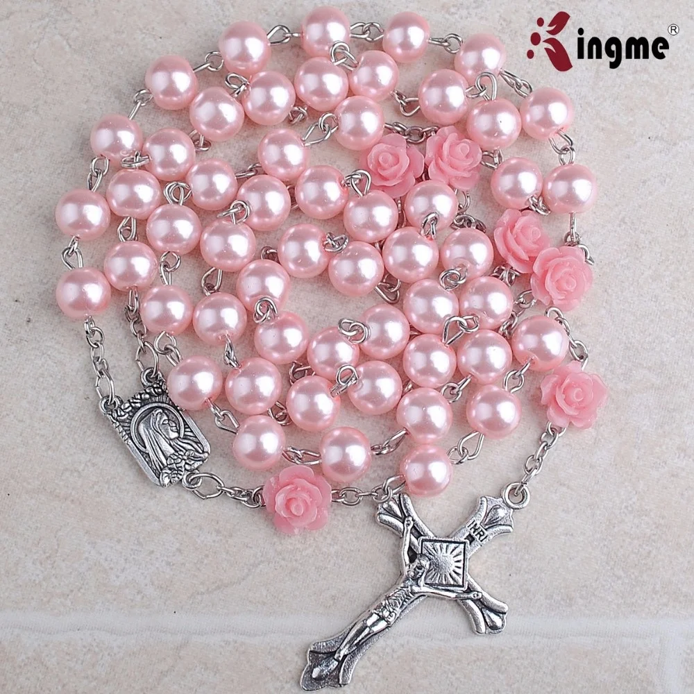 8mm Pink Color Glass Pearl Beads with Coral Rose Beads Rosary with Louders Center Piece and Crucifix