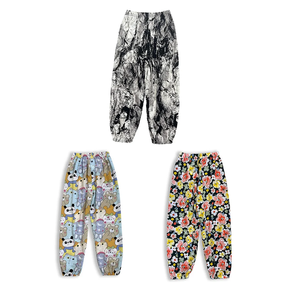 Customizable Three-Piece Set for Girls Loose Air Conditioning Pants with Ink Color Flower Animal Head Print for Spring/Summer