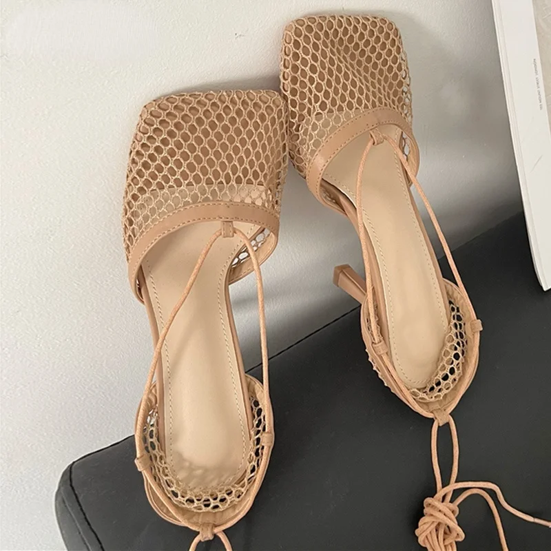 Summer Autumn Sexy Mesh Pumps sandals Female Square Toe high heel Lace Up Cross-tied Stiletto hollow Dress Pumps shoes