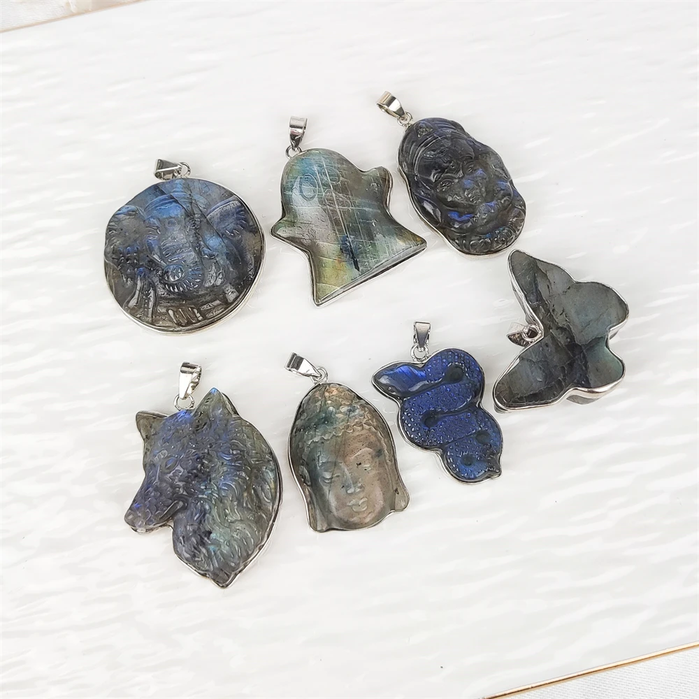 Hot selling high quality natural crystal carved snake shape pendant blue Labradorite ganesha buddha statue spiritual jewelry