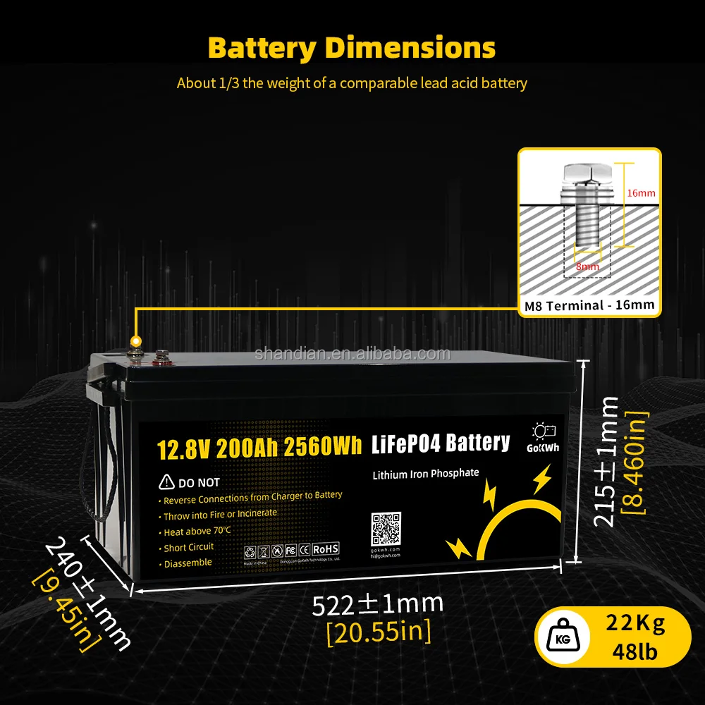 GoKWh Lifepo4 Battery 12V 50Ah 100Ah 200Ah connect to 12V 300Ah 400Ah 24V 200Ah for Power Backup RV Caravan Marine Trolling