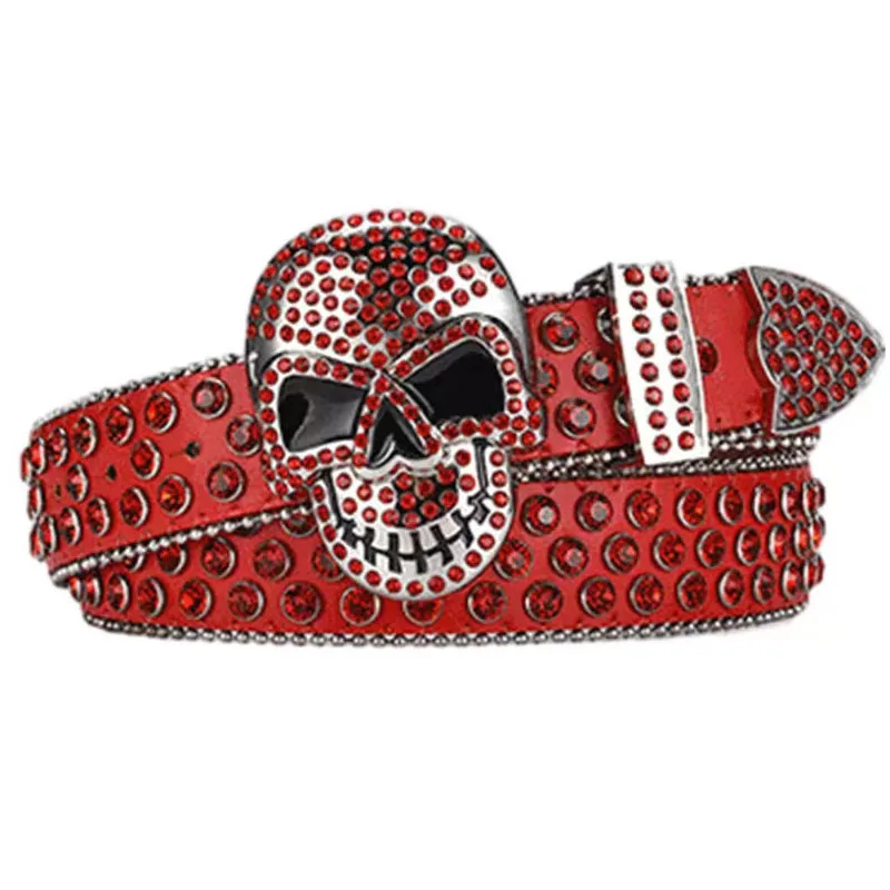 Hip-hop Style Luxury Rhinestone Designer PU Leather Belt  Crystal Belt Skull Rhinestone Leather Belt for Men Woman