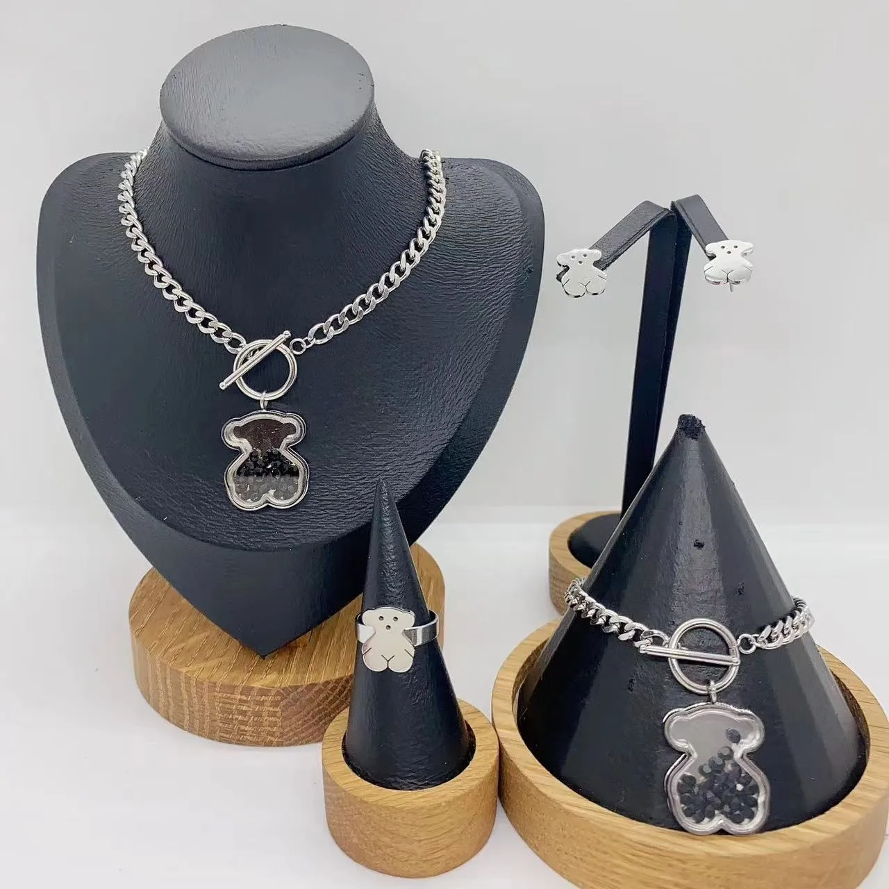 Thick Stainless Steel Jewelry Wholesale Cute Bear Earnail Pendant Necklace Set Womens Jewelry Series