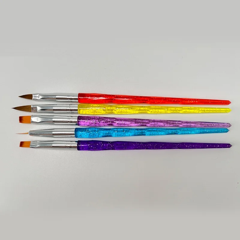 5PCS Professional Nylon Hair Nail Art Design Brush Set with Acrylic Colorful Glitter Penholder