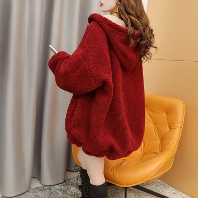 Both positive and negative lamb wool cardigan jacket sweater women plus velvet thickening 2021 autumn and winter new loose jacke