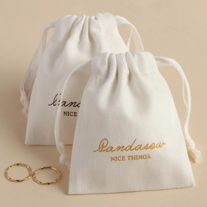 eco friendly Cotton Gift perfume Bags Gold Ribbon Logo Dust Sack drawstring jewelry Pouches