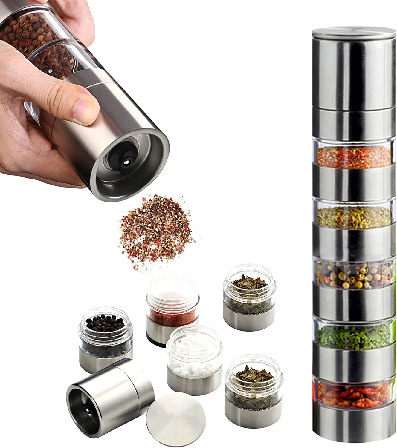 Multi-functional 5 in 1 Mills Stainless Steel Manual Salt And Pepper Grinder