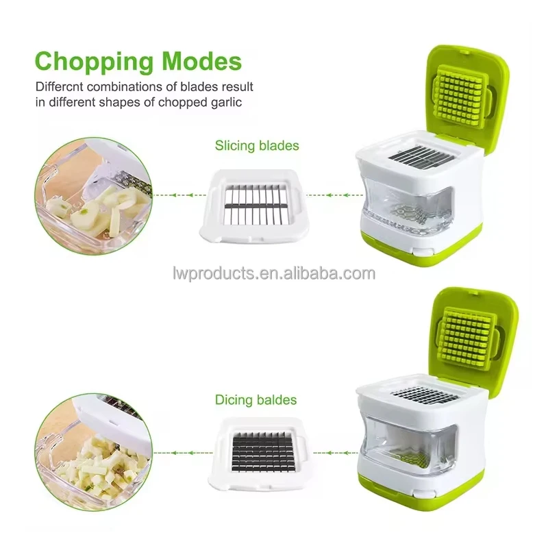 Kitchen Gadgets Garlic Pressing Tool Cutter Chopper Garlic Cube Dicer with Interchangeable Stainless Steel Dicing Slicing Blades