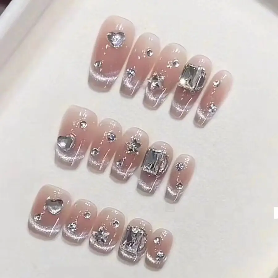 1001-1100 Press on Nail 10pcs high quality Handmade Pink False Acrylic Flower False Nails Full Cover False Nail Art
