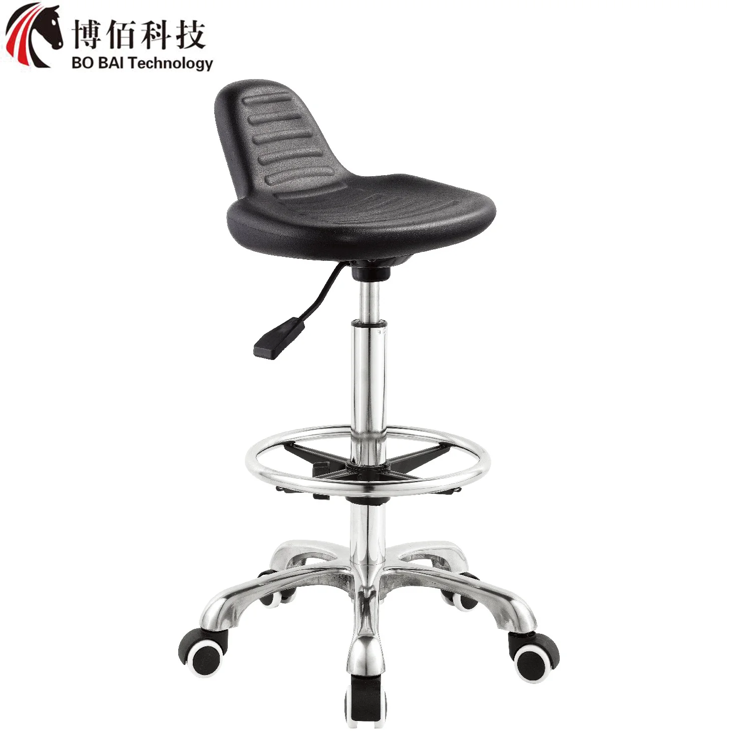 Good Quality PU Material Height Adjustable Swivel Reception Office Bar Stools with Nylon Castors and 201Stainless Steel Footrest
