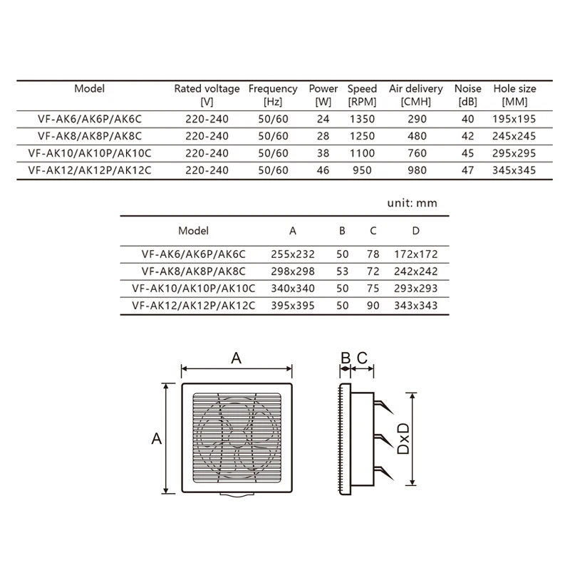 Angega AK6 8 10 12 inch Plastic Metal back Square Wall mounted Window shutter bathroom exhaust fan Kitchen Ventilation Fan