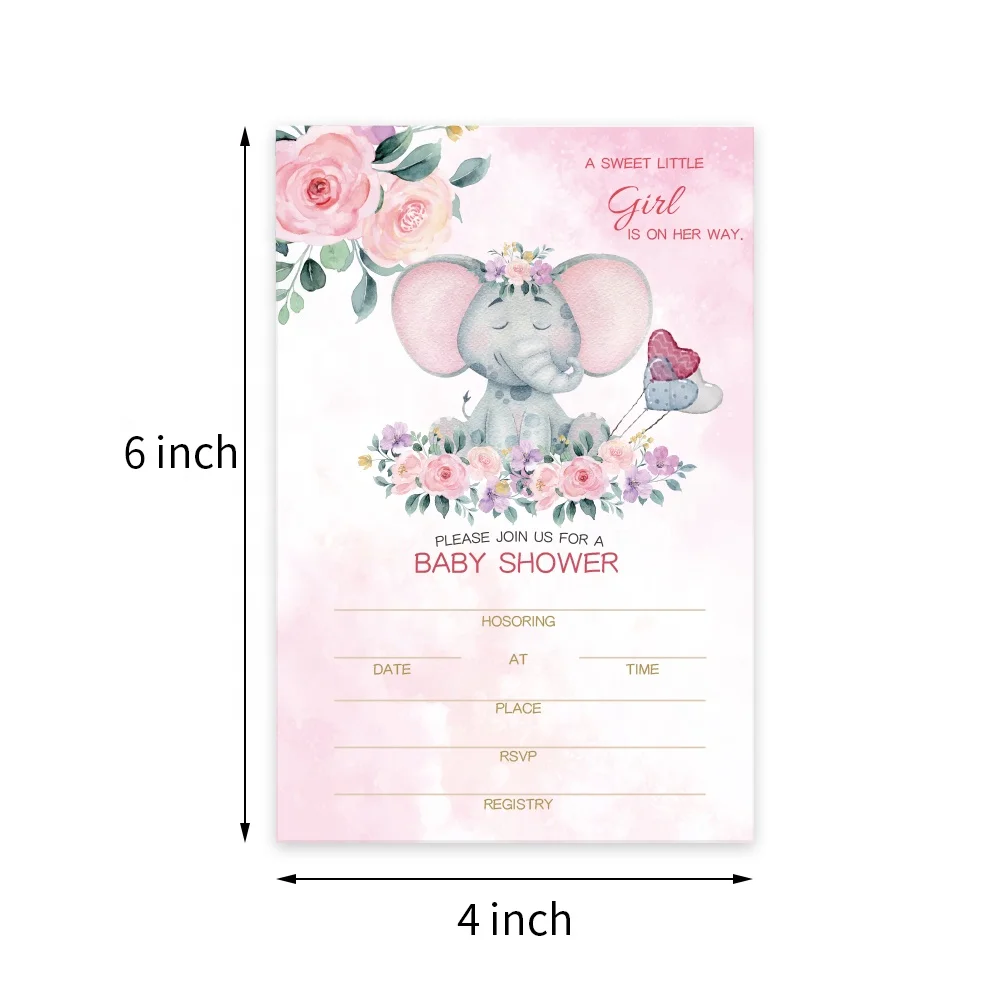 PAFU Floral Pink Blue Elephant Invitations for Boy Girl Set of 25