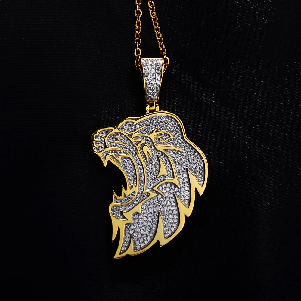 Fashion High Quality Hip Hop Jewelry Latest  Ice Out Zircon Diamond Lion Large Gold Plated Brass Tiger Pendant