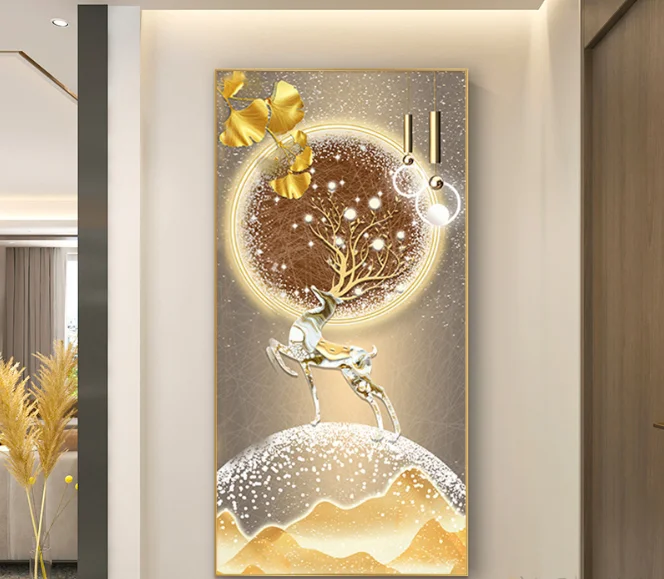 Custom wholesale luxury home Living Room Porch Decor Large Size deer Crystal Porcelain Painting Wall Art Diamond Framed Painting