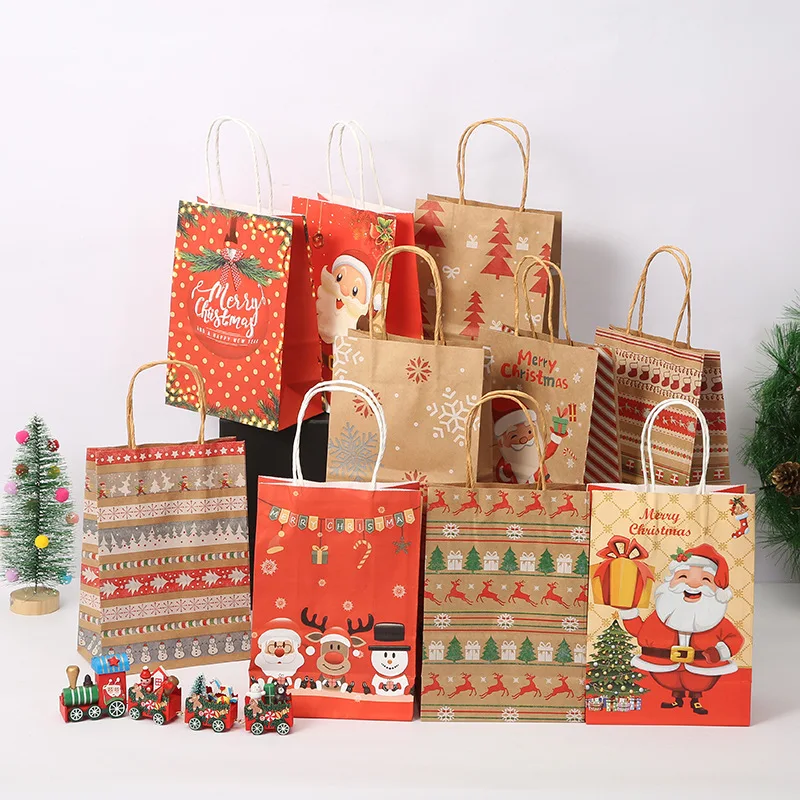 Xmas Custom Santa Claus New Year Party Gift Printed Craft Luxury Shopping Christmas Packaging Kraft Paper Gift Bag With Handles