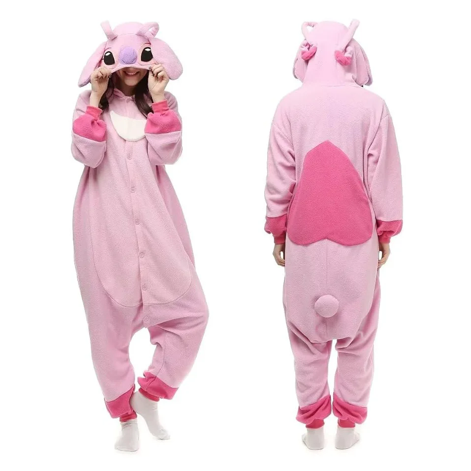 Superband Kigurumi Pink Stitch Costume Onesie Soft Breathable Flannel Halloween Pajamas with Hooded Collar