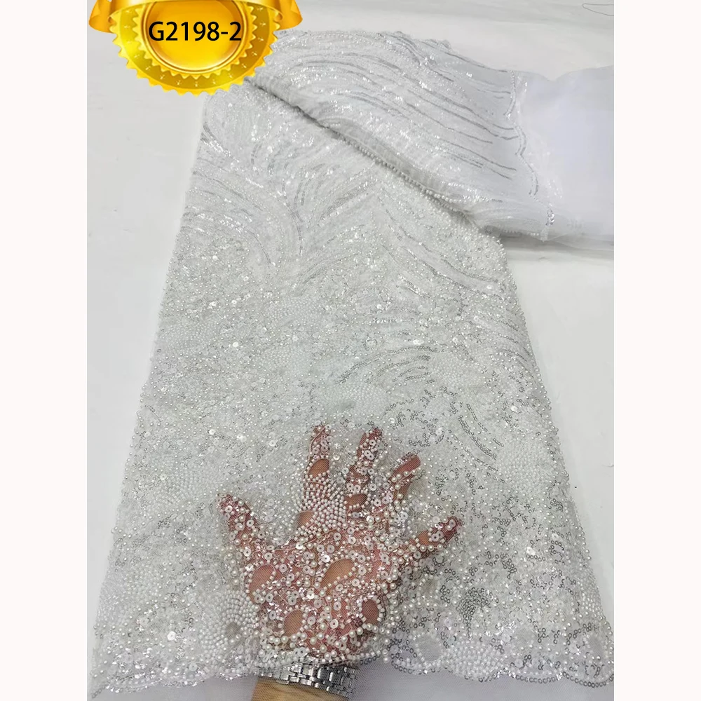 G2198 Luxury Beads White Color French Lace Fabric With Pearl And Embroidery Sequins For Bridal Wedding Dress Wear