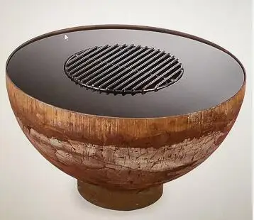 corten steel fire bowl with grill ring and cooking grill fire bowl  savage feuerschale feuerstelle brasero with plancha grill