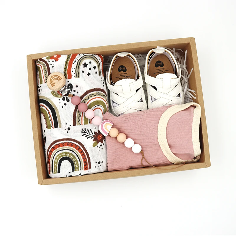 rainbow Baby Shower Gift Set with Teething pacifier chain Pu leather shoes Blanket Romper  new born baby gift set