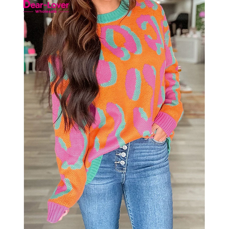 Dear-Lover New Fashion Western Women Clothing Leopard Colorblock Dropped Shoulder Ribbed Edge Knitted Sweater