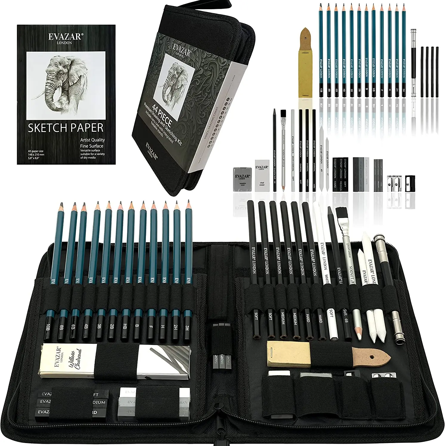 EVAZAR London 44pcs Sketching and Drawing Art Supplies, Includes Graphite & Charcoal Pencils & Sticks Plus Accessories