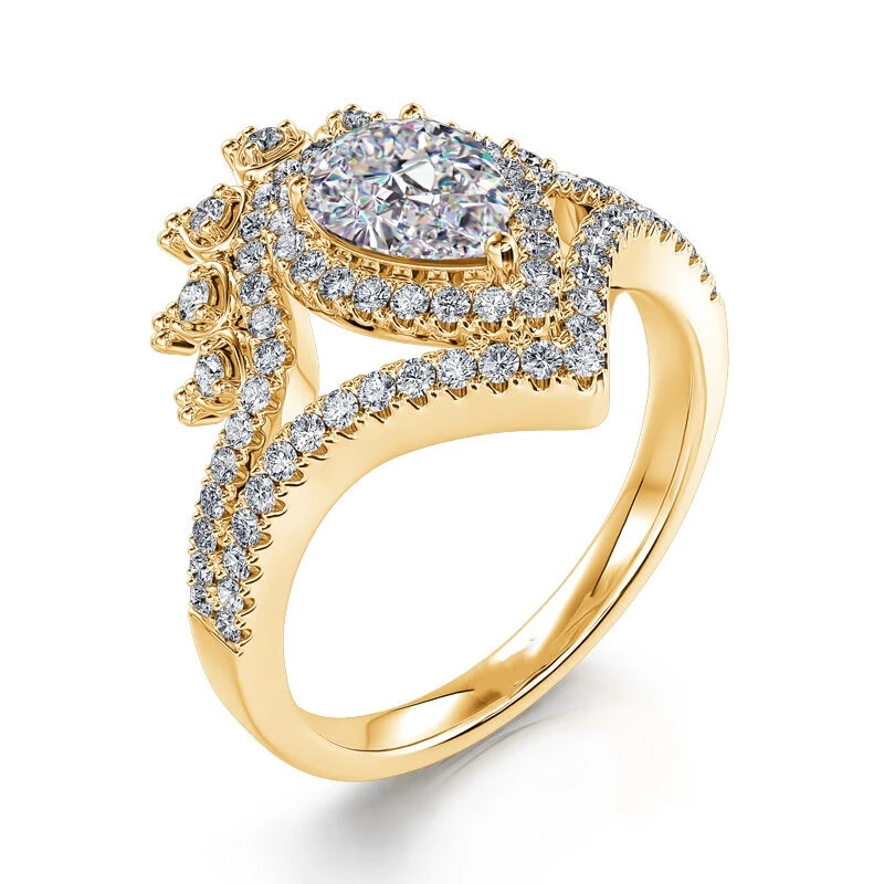 Elegance Pear Cut Crown Curve V Shape Princess Cut Sterling Silver Ring Wedding Band Moissanite Bridal Ring