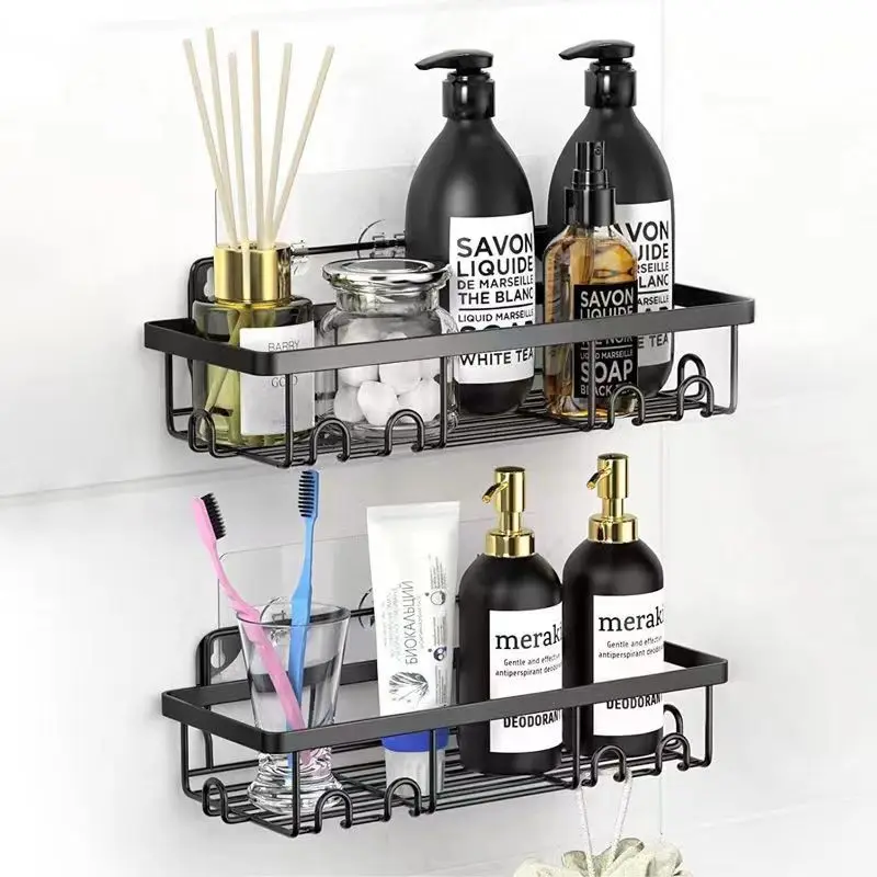 Wall Mounted Shower Caddy Adhesive Organizer Black Metal Stand Towel Racks Storage Bathroom Corner No Drilling Organizer Toilet