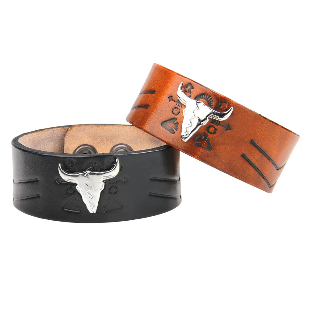Europe And The United States  Men Leather Alloy Bull Head Punk Wide Leather Orange Bangle & Bracelet